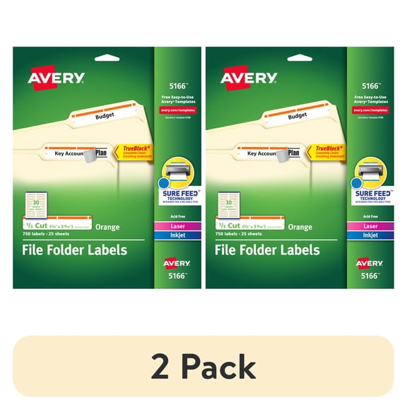 (2 pack) Avery File Folder Labels, 2/3" x 3-7/16", White/Orange (5166)