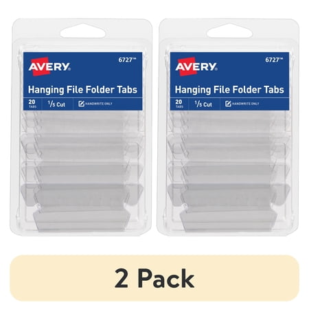 (2 pack) Avery Hanging File Folder Tabs, 1/5 Cut, Plastic, Clear, Handwrite Inserts, 20 Tabs