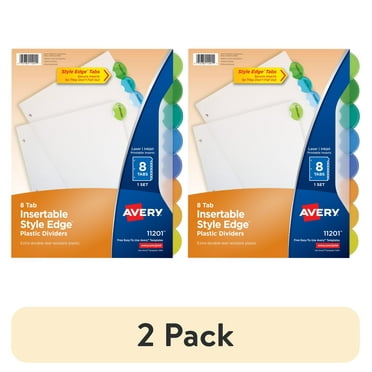 (2 pack) Avery Insertable Divider, Style Edge, 8-Tab, Plastic, Printable Inserts, Multicolor Tabs, 1 Set