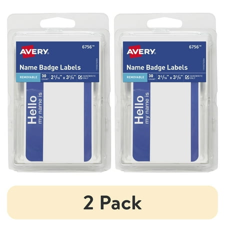 (2 pack) Avery Removable Name Badge Labels, 2-3/16" x 3-3/8", White, 30 Count