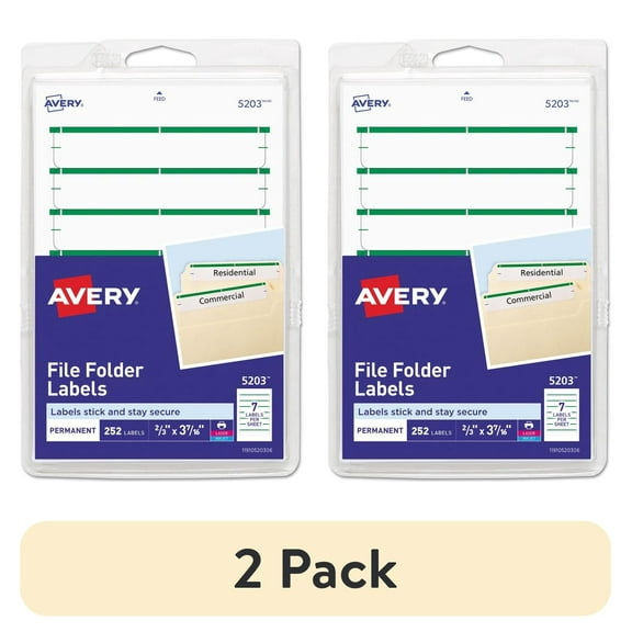 (2 pack) Avery Print or Write File Folder Labels, 11/16 x 3 7/16, White/Green Bar, 252/Pack
