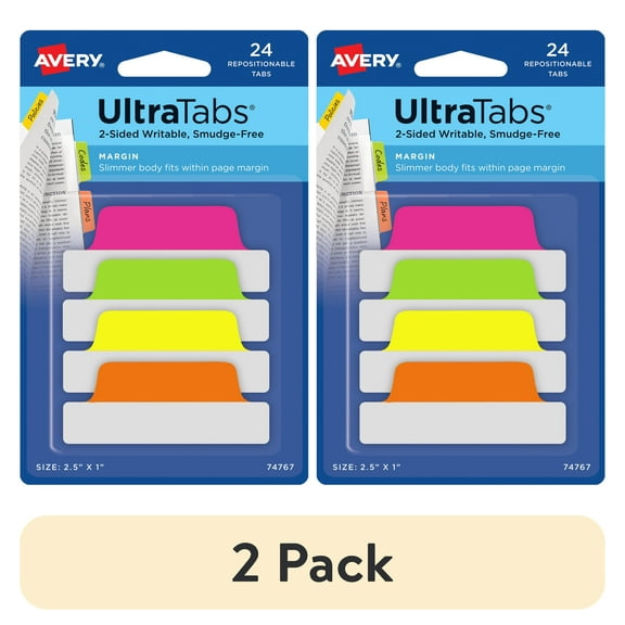 Avery(R) Margin Tab Ultra Tabs(R) 74767, Neon (Pink, Green, Orange, Yellow), 2-1/2" x 1", Pack of 24 Repositionable, Two-Side Writable Tabs