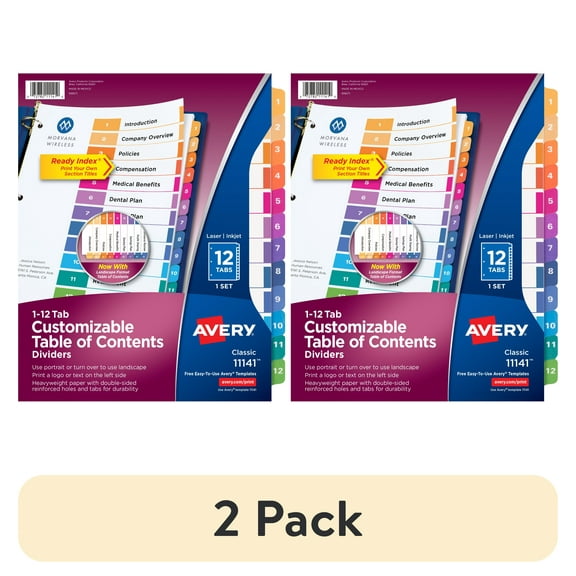(2 pack) Avery Ready Index 12 Tab Dividers, Customizable TOC, 1 Set (11141)