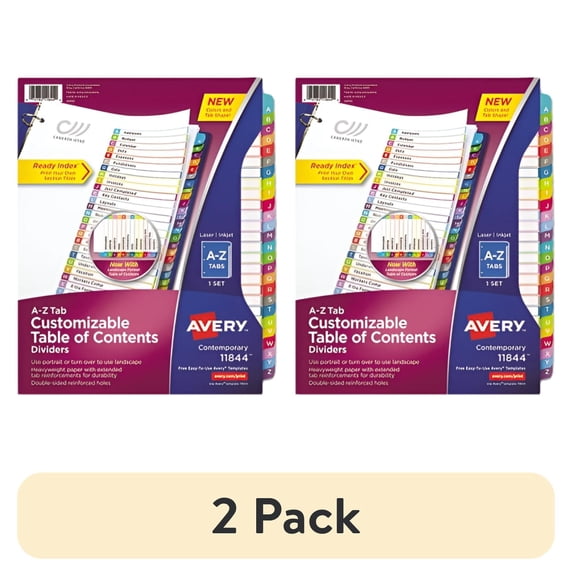 (2 pack) Avery Ready Index A-Z 26 Tab Dividers, Customizable TOC, 1 Set (11844) 26 x Divider(s) - A-Z, Table of Contents - 1 Tab(s)/Set - 8 1/2" Width x 11" Length - 3 Hole Punched - White Paper Divider - Mu