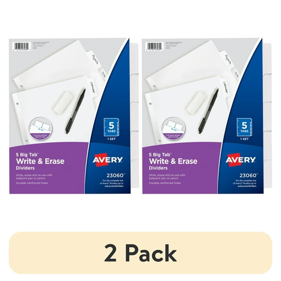 (2 pack) Avery Write & Erase Divider, 5-Tab, Paper, White Body, White Big Tabs, Handwrite, 1 Set