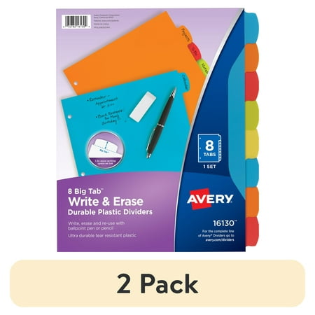 (2 pack) Avery Write & Erase Divider, 8-Tab, Plastic, Durable Multicolor Big Tabs, Handwrite, 1 Set
