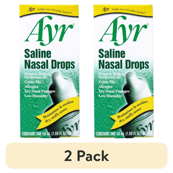 (2 pack) Ayr Saline Nasal Drops, Cold/Flu, Allergy, Dry Nasal Passages Relief, Moisturizes & Soothes Dry Stuffy Noses, 1.69 fl oz
