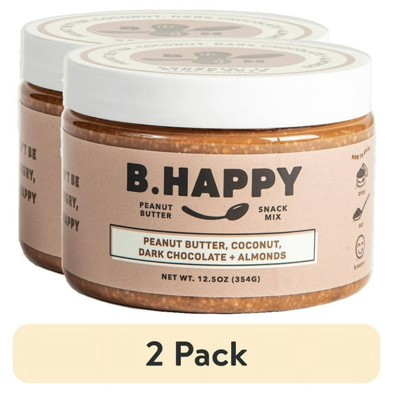 (2 pack) B Happy Peanut Butter, All Natural, Don't Worry - Coconut, Dark Chocolate, Almonds 12 oz.