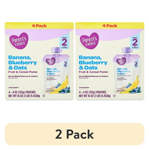 (2 pack) Parent's Choice Stage 2 Baby Food Banana Blueberry Oats Fruit and Cereal Puree, 4 oz Pouch, 4 Pack