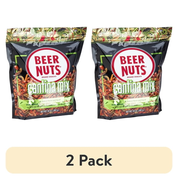 (2 pack) BEER NUTS Cantina Mix - 32 oz. Resealable Bag, Original Peanuts, Chili Lemon Roasted Corn, Black Bean Sticks, Guacamole