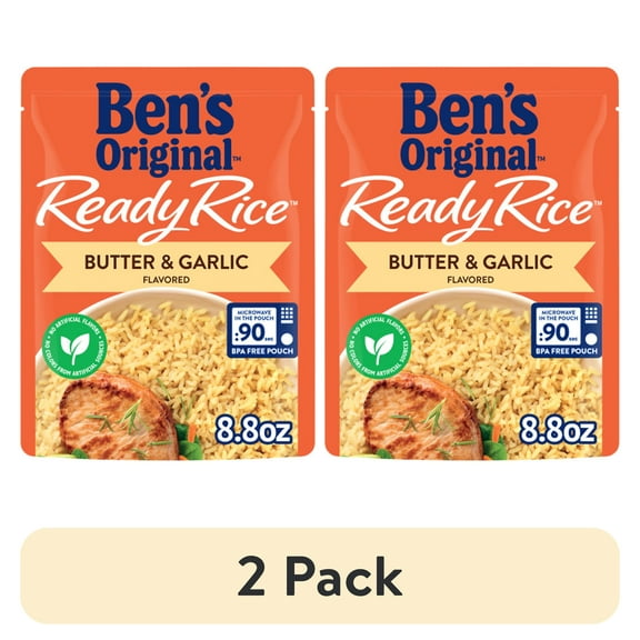 (2 pack) Ben's Original Butter and Garlic Flavored Ready Rice, Easy Dinner Side, 8.8 Ounce Pouch