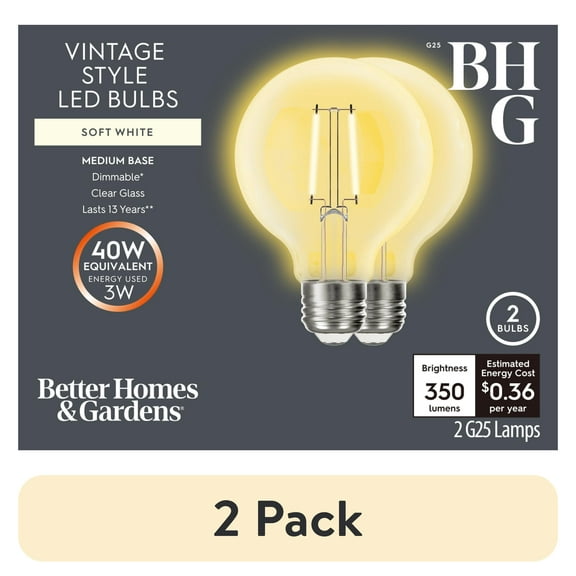 (2 pack) BH&G LED Bulb, 3-Watt (40W Equivalent) G25 Vintage Style, E26 Base, Dimmable, Soft White, 2-Pack