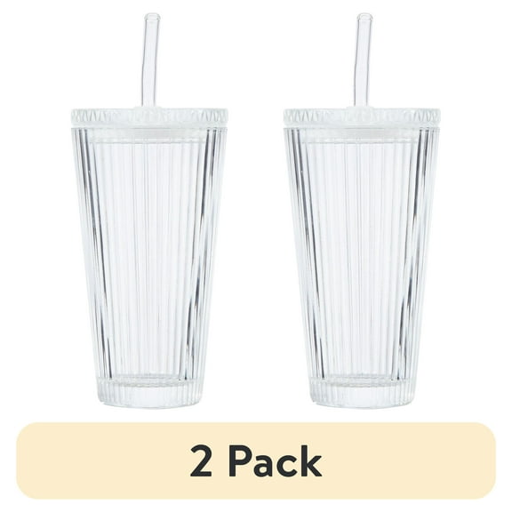 (2 pack) Better Homes & Gardens Glass 21oz Tumbler Ribbed with Glass Lid and Straw