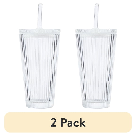 (2 pack) Better Homes & Gardens Glass 21oz Tumbler Ribbed with Glass Lid and Straw