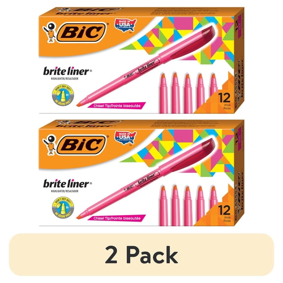 (2 pack) BIC Brite Liner Pink Highlighters, Chisel Tip, 12-Count Pack