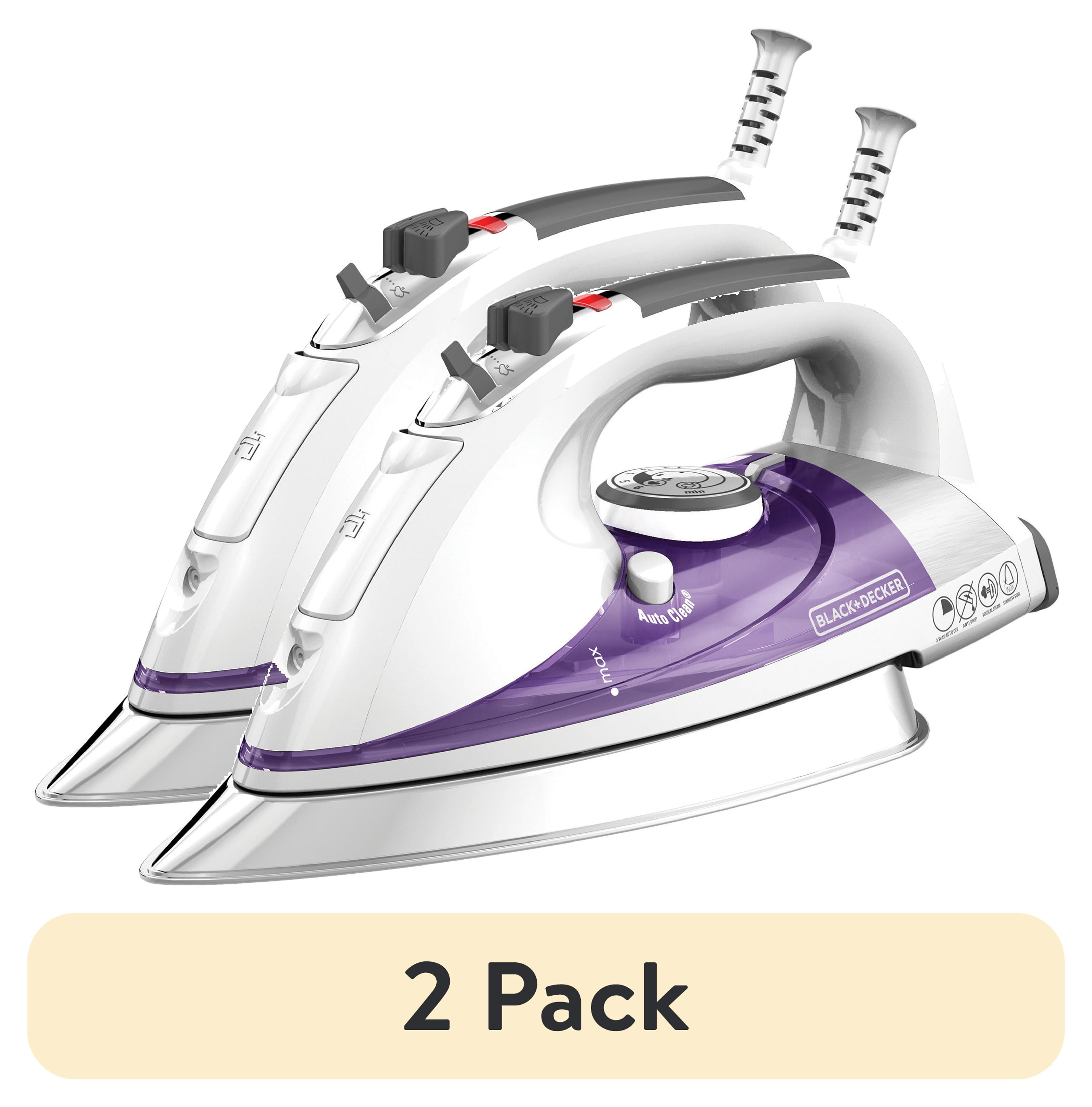 (2 pack) BLACK+DECKER Steam Iron for Clothes, 1500W, Stainless Steel Soleplate, Auto Shut-Off, Self-Cleaning, 10ft Cord, White