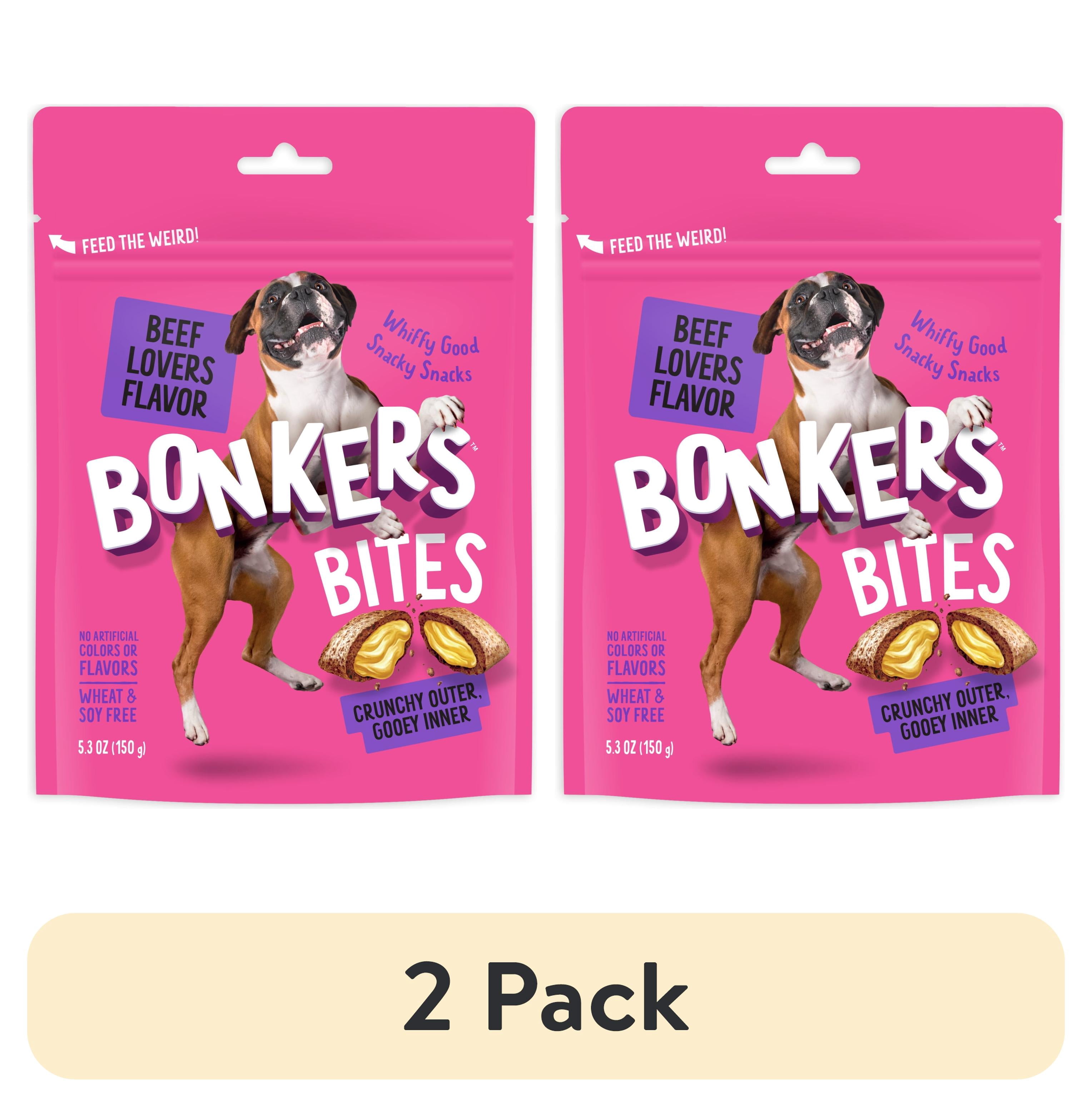 (2 pack) BONKERS Bites Beef Lovers Flavor Crunchy & Soft Treats for Dogs, 5.3oz Bag