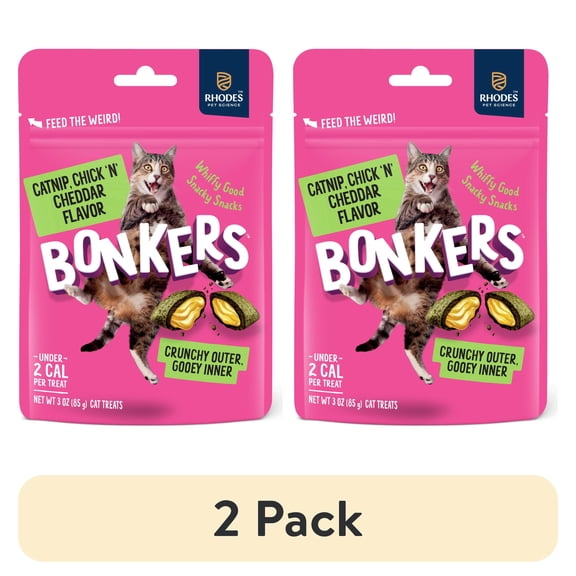 (2 pack) BONKERS Bites Catnip & Chick 'N' Cheddar Flavor Crunchy & Soft Treats for Cats, 3oz Bag