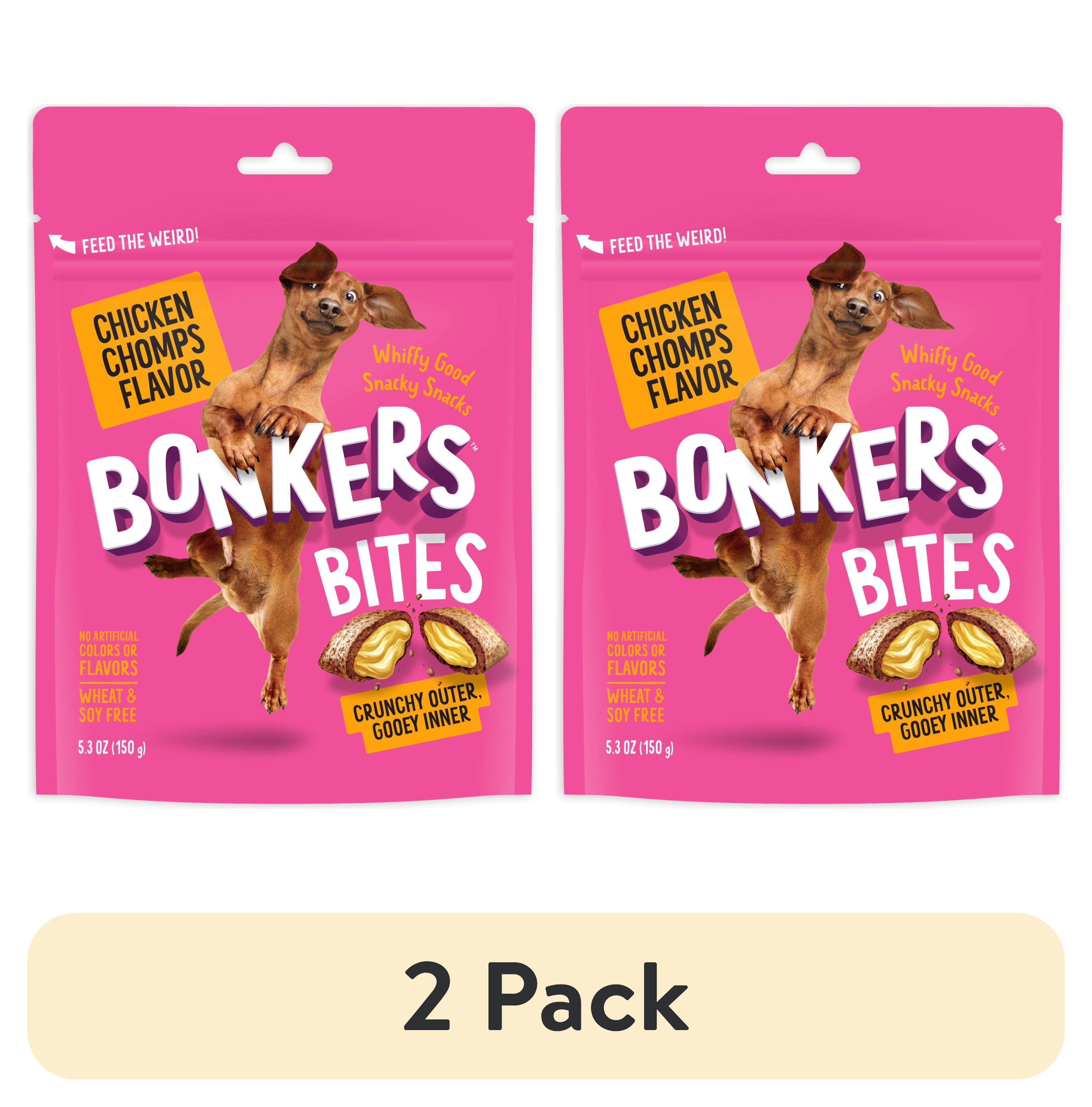 (2 pack) BONKERS Bites Chicken Chomps Flavor Crunchy & Soft Treats for Dogs, 5.3oz Bag