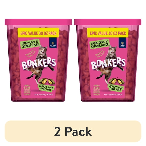 (2 pack) BONKERS Bites Catnip & Chick 'N' Cheddar Flavor Crunchy & Soft Treats for Cats, 30oz Tub
