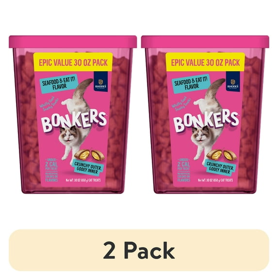 (2 pack) BONKERS Bites Seafood & Eat It Flavor Crunchy & Soft Treats for Cats, 30oz Tub