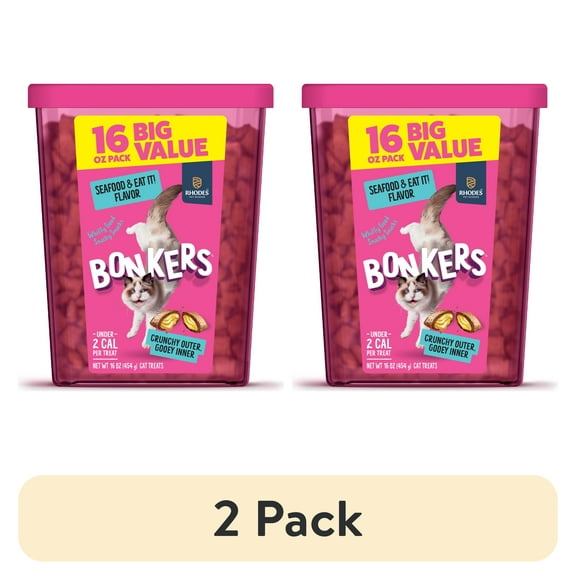 (2 pack) BONKERS Bites Seafood & Eat It Flavor Crunchy & Soft Treats for Cats, 16oz Tub