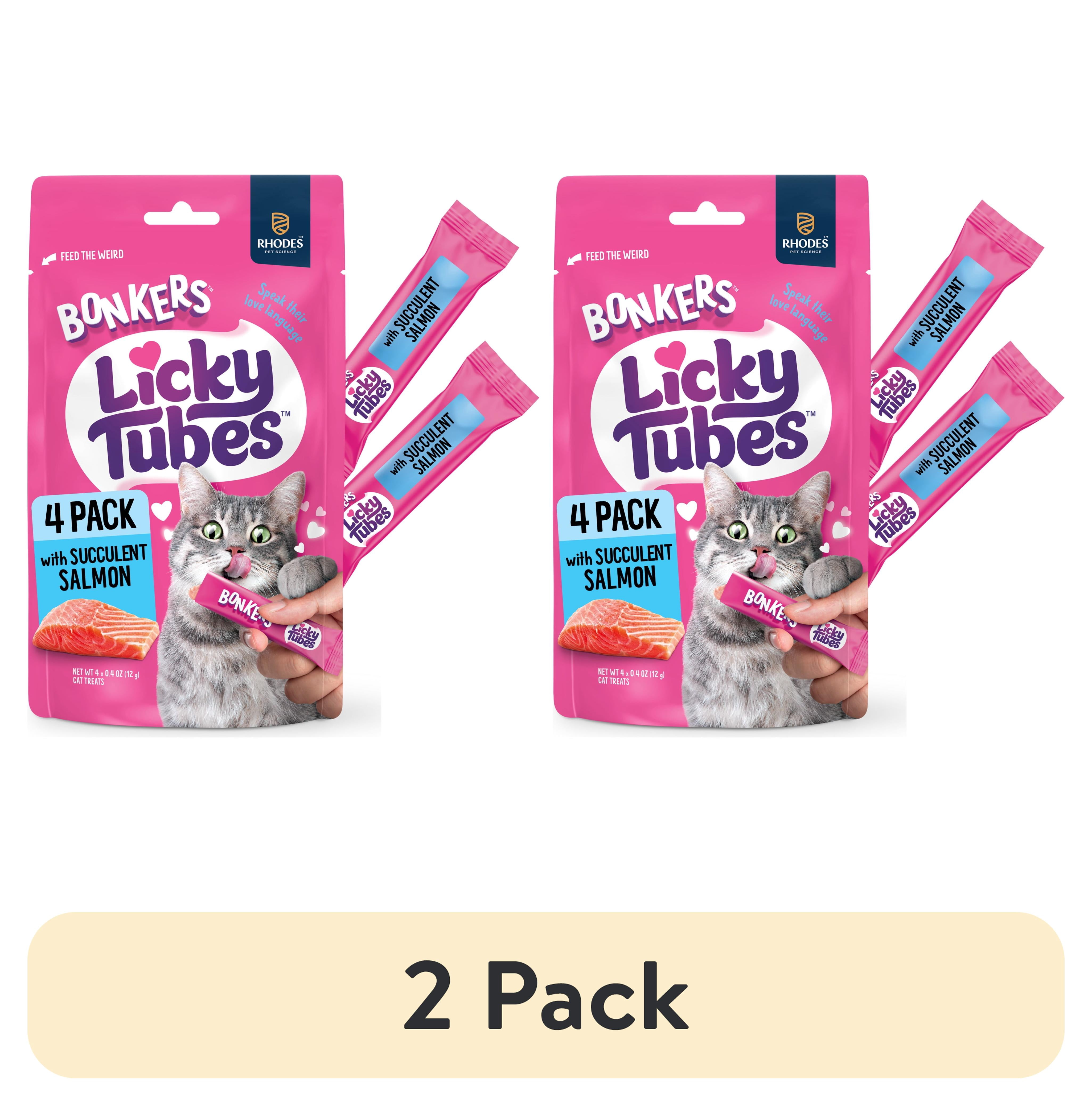 (2 pack) BONKERS Licky Tubes Salmon Flavored Wet Lickable Treats for Cats, 4 Pack