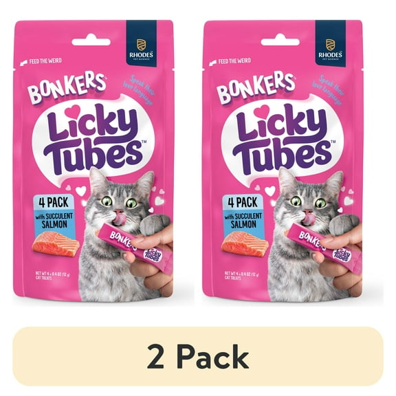 (2 pack) BONKERS Licky Tubes Salmon Flavored Wet Lickable Treats for Cats, 4 Pack