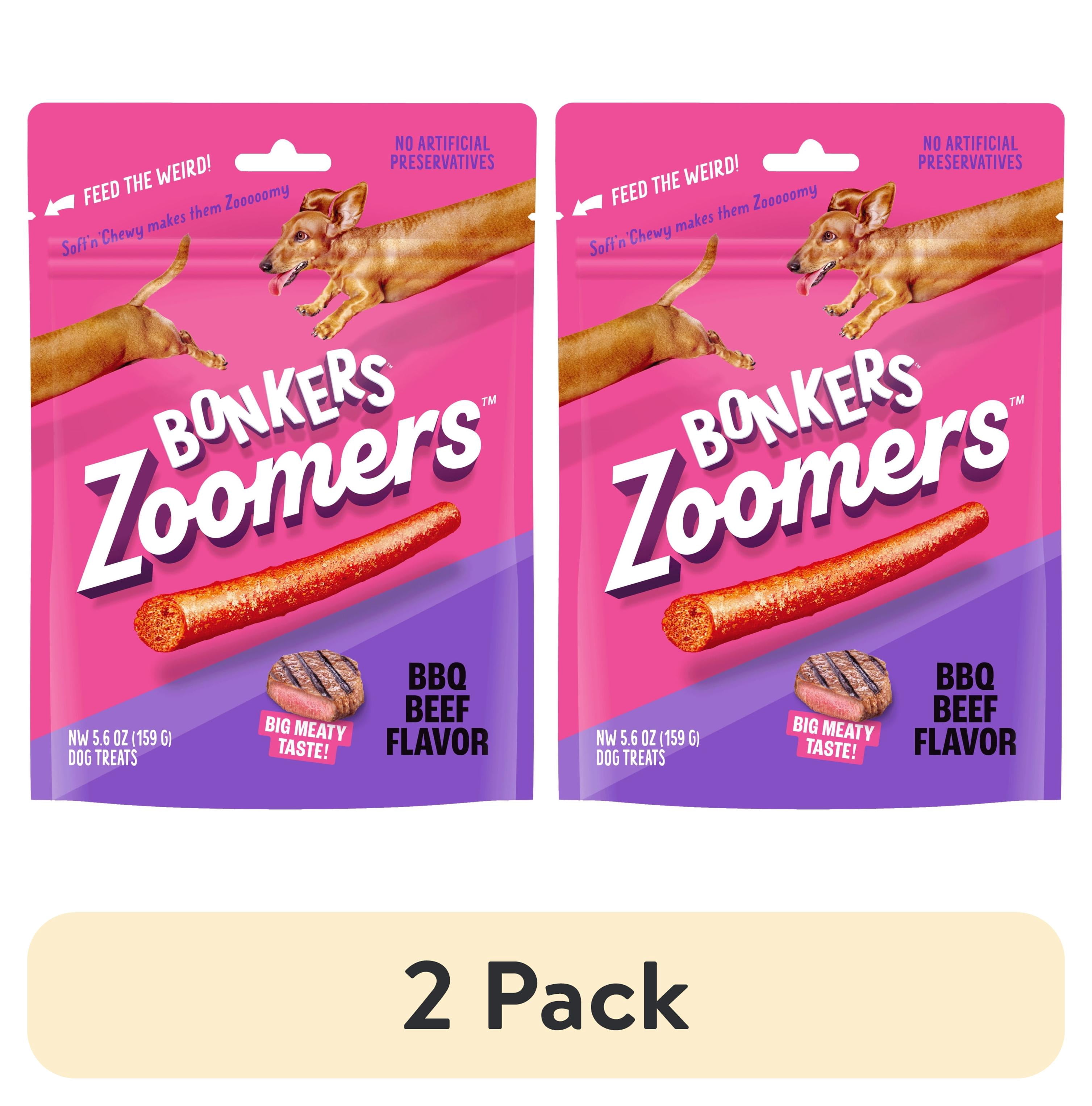 (2 pack) BONKERS Zoomers BBQ Beef Flavor Soft & Chewy Treats for Dogs, 5.6oz Bag