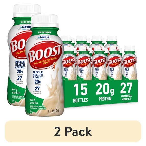(2 pack) BOOST 20g High Protein Nutritional Drink Shakes, Very Vanilla, 8 fl oz, 15 Pack