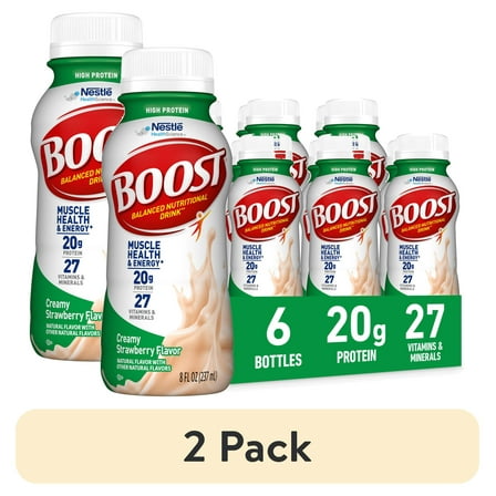 (2 pack) BOOST 20g High Protein Nutritional Drink Shakes, Creamy Strawberry, 8 fl oz, 6 Pack