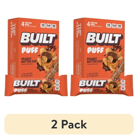 (2 pack) BUILT Puff Protein Bar, Peanut Butter Cup, 15g Protein, Collagen, 150 Calories, 4 Count Box, 1.55 oz Bars