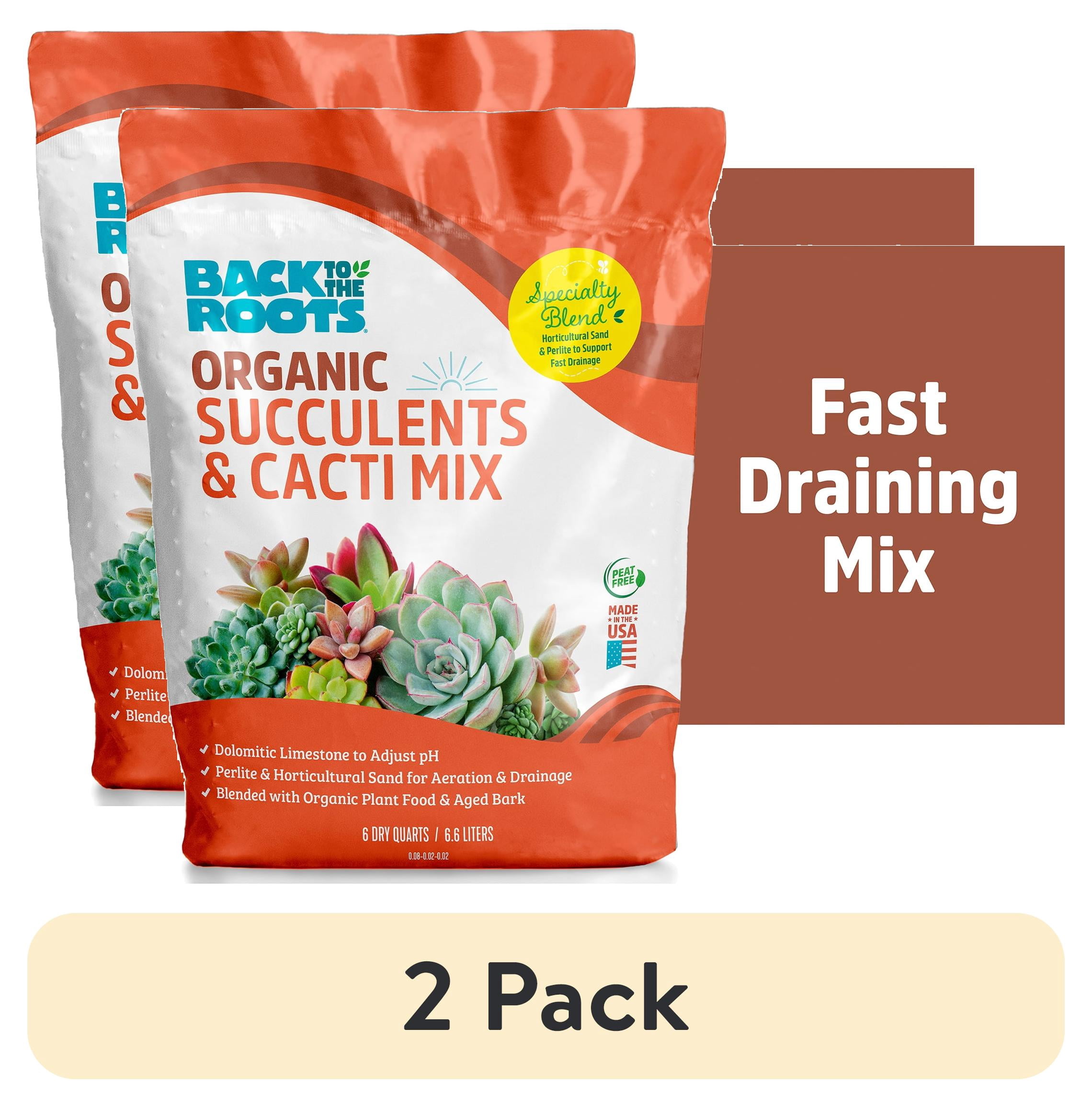 (2 pack) Back to the Roots  100% Organic Succulent & Cacti Mix, Fast-Draining for Healthy Roots (6 Quart)