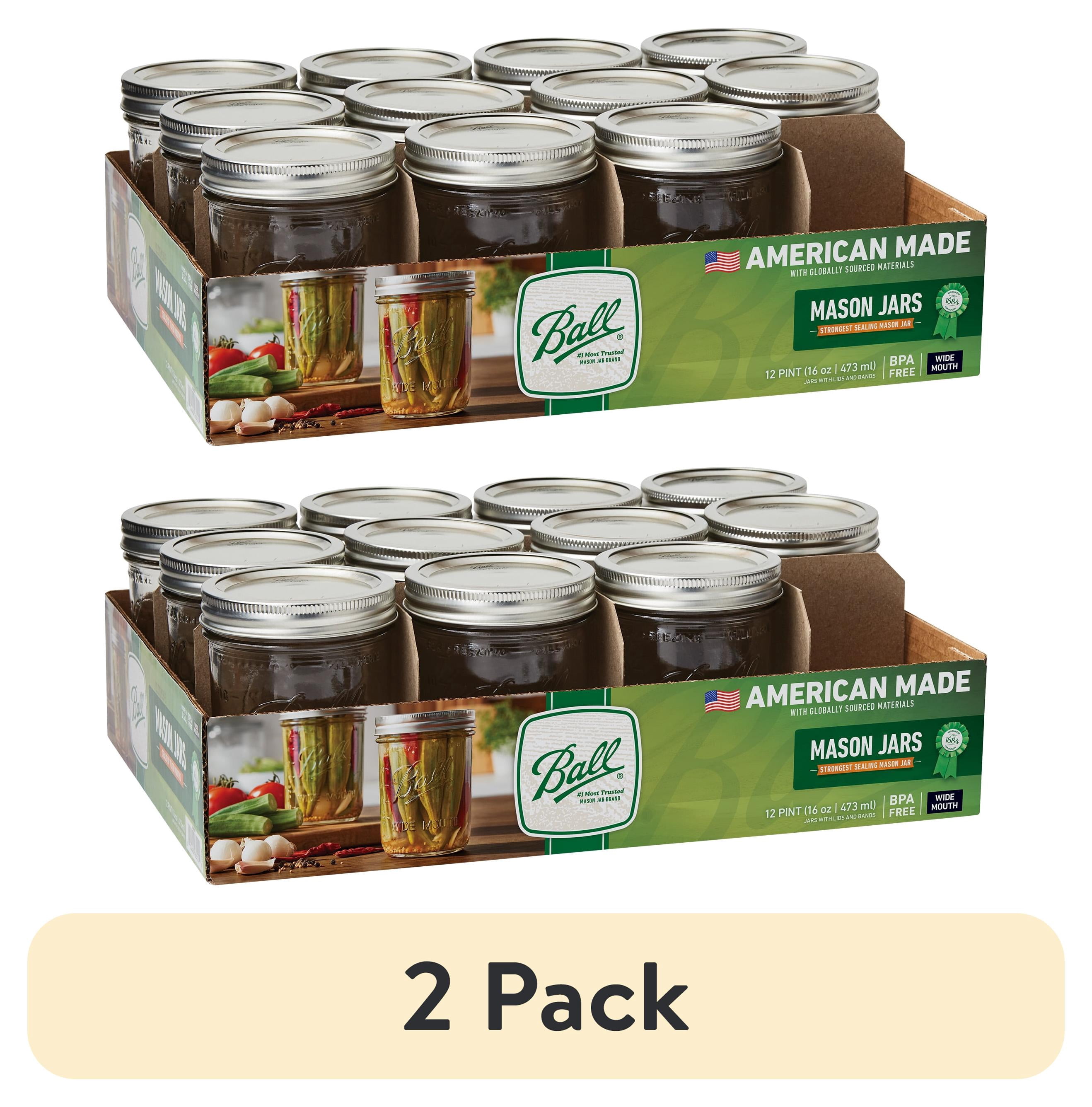 (2 pack) Ball, Glass Mason Jars with Lids & Bands, Wide Mouth, Clear, 16 oz, 12 Count
