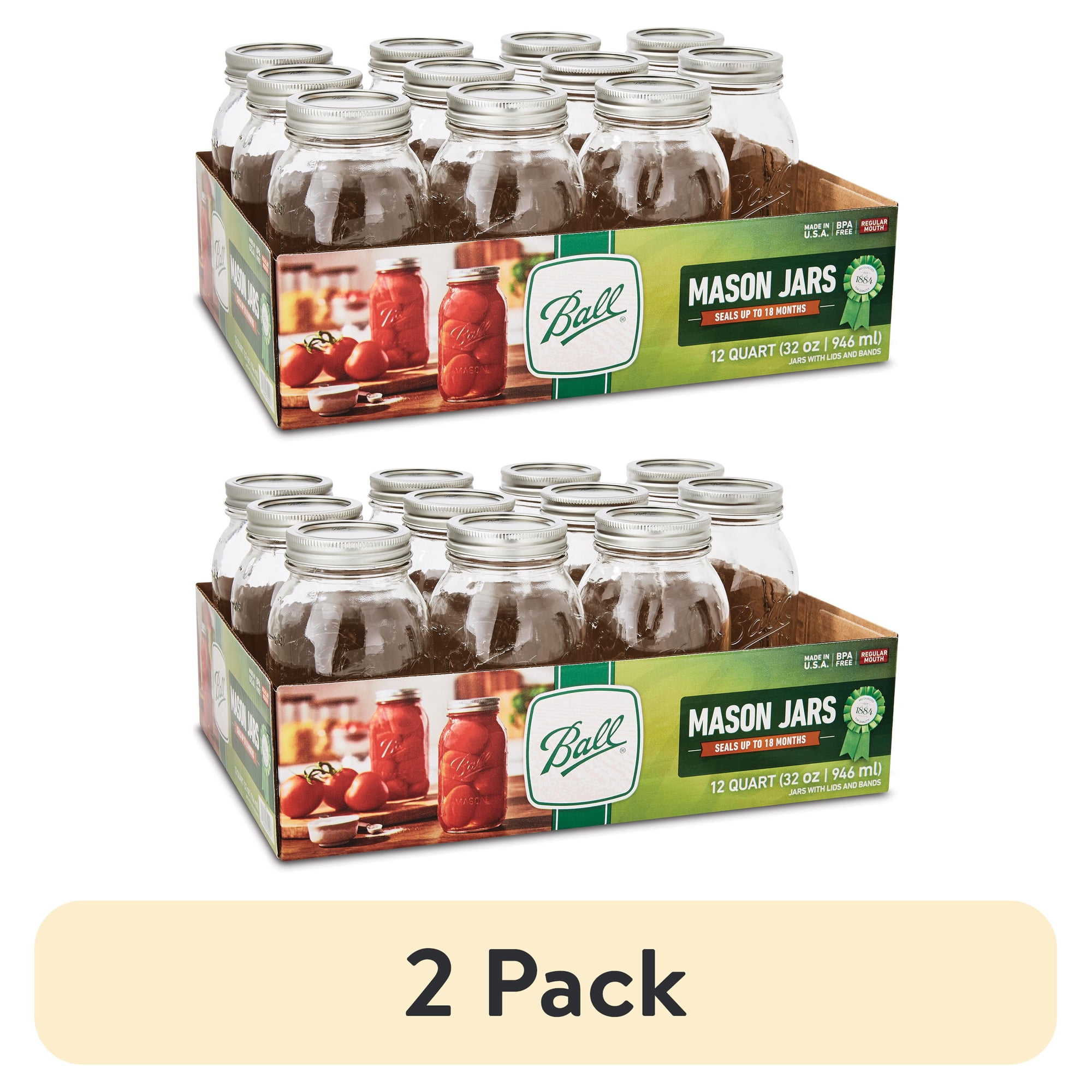 (2 pack) Ball 32 oz Mason Jars, Regular Mouth Quart Canning Jars with Lids and Rings, 12-Pack Large Glass Jars for Home Canning and Fermenting