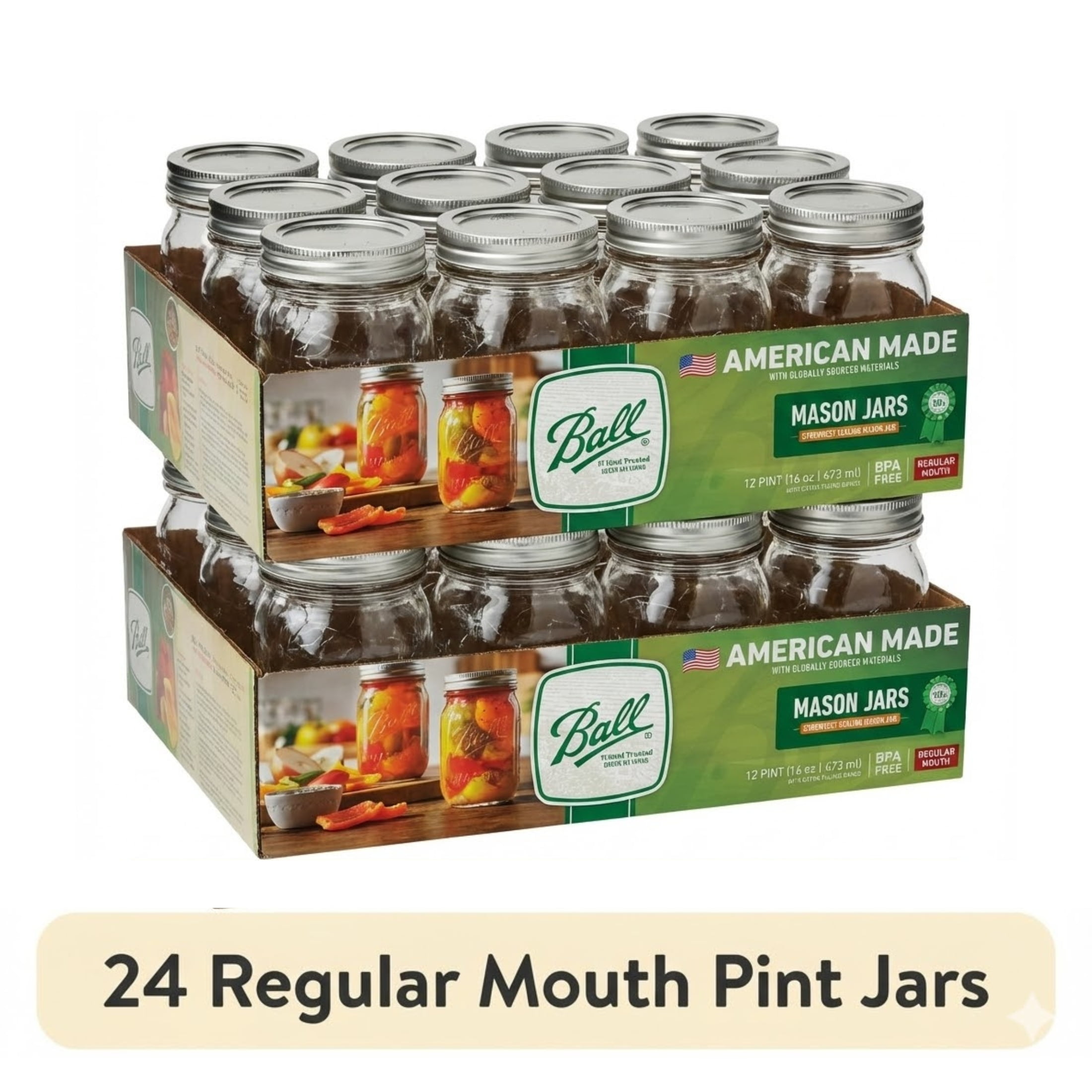 2 pack) Ball 16 oz Mason Jars, Regular Mouth Pint Canning Jars
