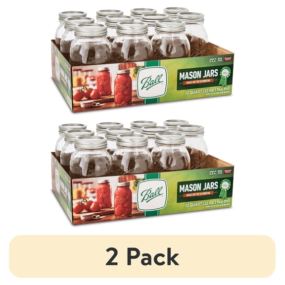 (2 pack) Ball Regular Mouth Quart 32-Oz. Glass Mason Jar with Lids and Bands, 12-Count