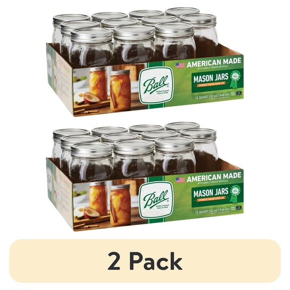 (2 pack) BallWide Mouth Quart 32oz. Glass Mason Jars with Lids and Bands, 12 Count