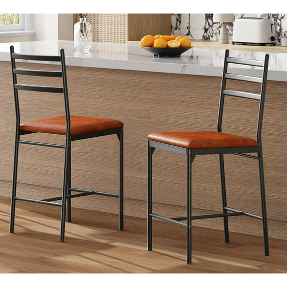 2 pack Bar Stools Set Counter Height Barstools with Footrest and Back, Modern Upholstered Bar Chairs,Brown