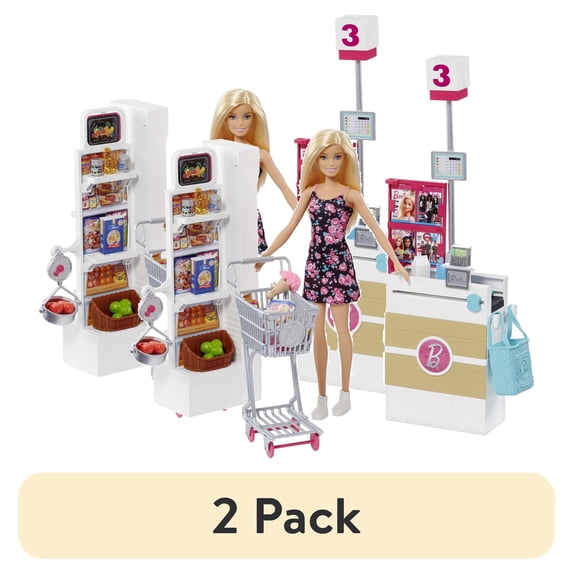 (2 pack) Barbie Doll and Supermarket Playset with 25 Grocery Store and Food-Themed Accessories