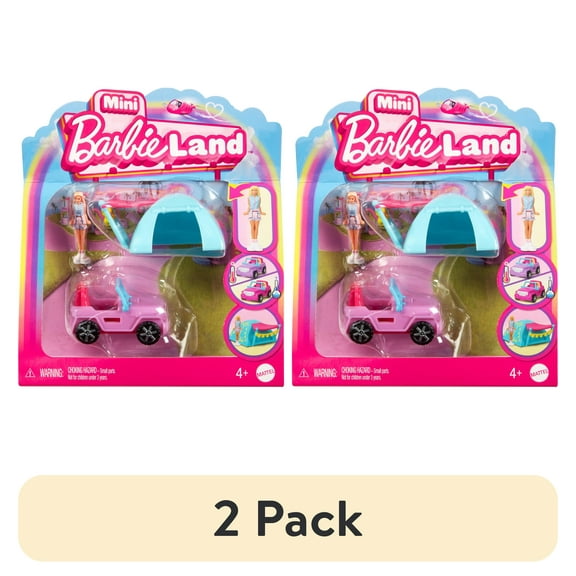 (2 pack) Barbie Mini BarbieLand Doll & Vehicle Set with 1.5-inch Doll, Color-Change SUV & Tent Accessory