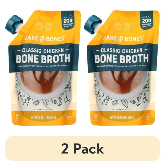 (2 pack) Bare Bones New Liquid Chicken Bone Broth, Protein & Collagen Rich, Gluten-Free, 16 oz