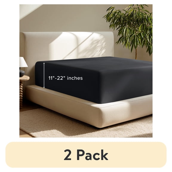 (2 pack) Bare Home Fitted Sheet - 22" Extra Deep Pocket - Premium 1800 Collection - King, Black