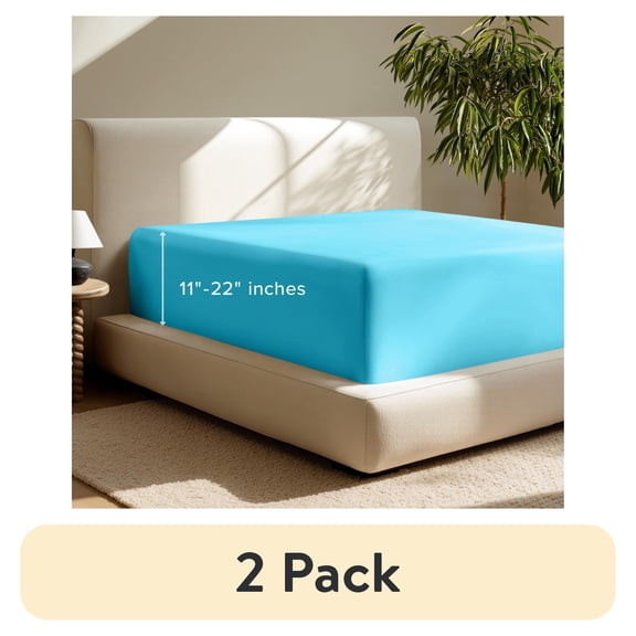 (2 pack) Bare Home Fitted Sheet - 22" Extra Deep Pocket - Premium 1800 Collection - Queen, Aqua