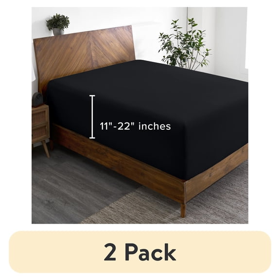(2 pack) Bare Home Fitted Sheet - 22" Extra Deep Pocket - Premium 1800 Collection - Queen, Black