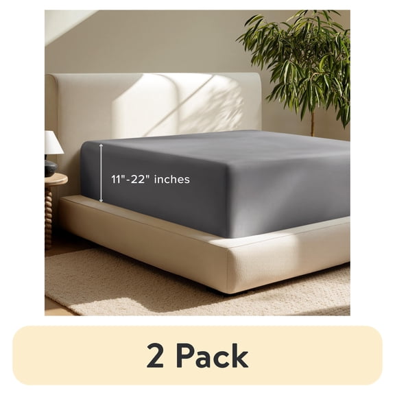 (2 pack) Bare Home Fitted Sheet - 22" Extra Deep Pocket - Premium 1800 Collection - Queen, Gray