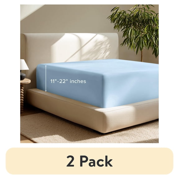 (2 pack) Bare Home Fitted Sheet - 22" Extra Deep Pocket - Premium 1800 Collection - Queen, Light Blue