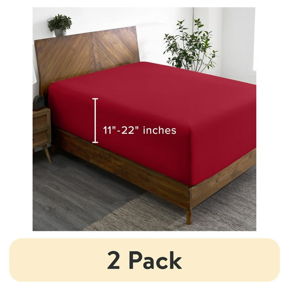 (2 pack) Bare Home Fitted Sheet - 22" Extra Deep Pocket - Premium 1800 Collection - Twin-XL, Red