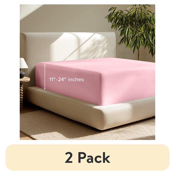(2 pack) Bare Home Fitted Sheet - 24" Extra Deep Pocket - Premium 1800 Collection - Queen, Light Pink