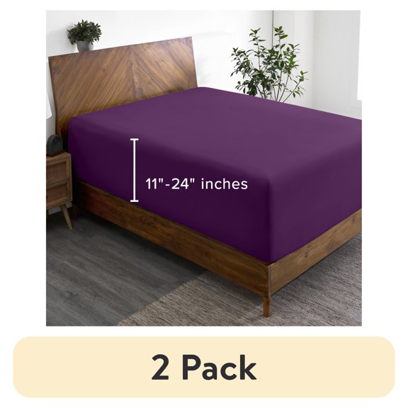(2 pack) Bare Home Fitted Sheet - 24" Extra Deep Pocket - Premium 1800 Collection - Queen, Plum